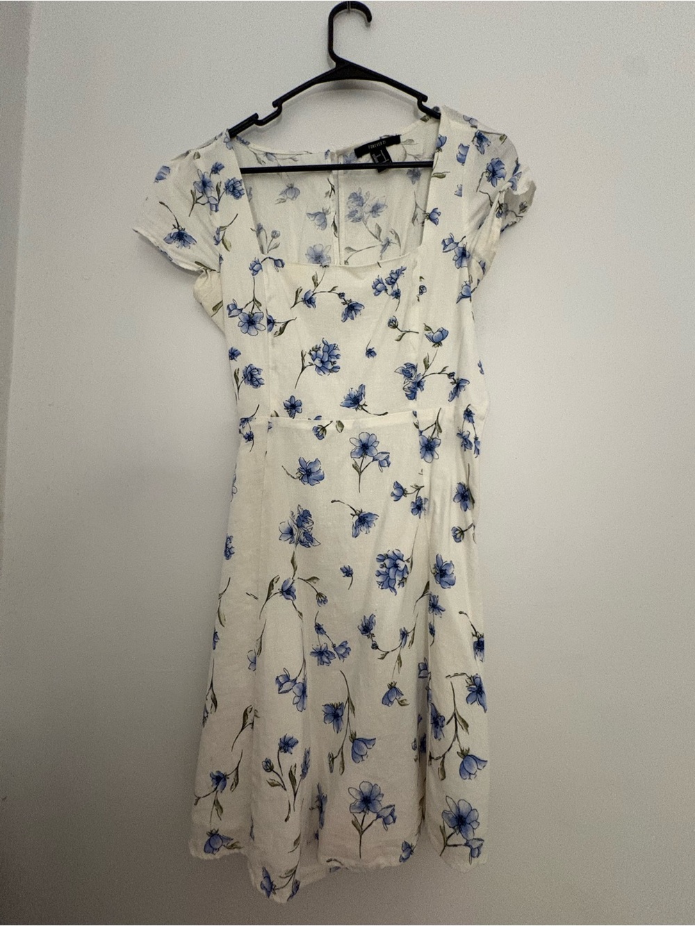 Forever21 Blue and White Floral Dress with Square Neck and Cutout Back